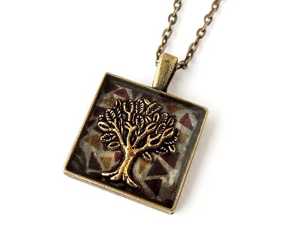 Brown Tree Pendant, Tree of Life with Liberty Fabric, Resin Jewelry