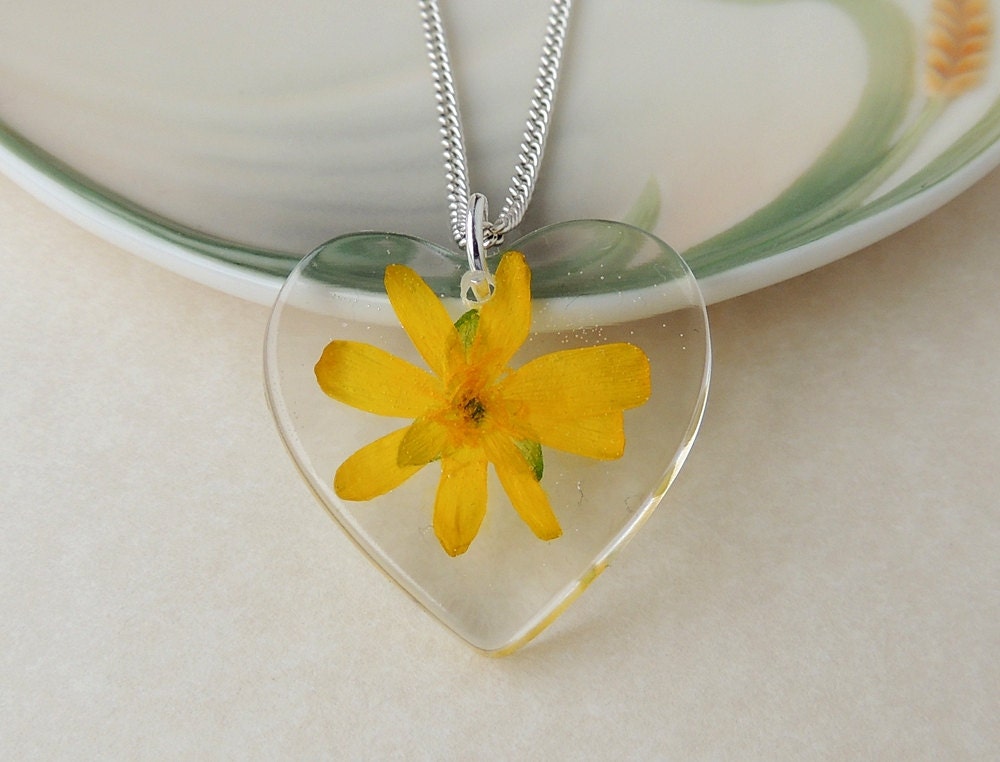 Yellow Flower Necklace - Real Flower in Resin Heart Pendant, Botanical Jewelry SECONDS
