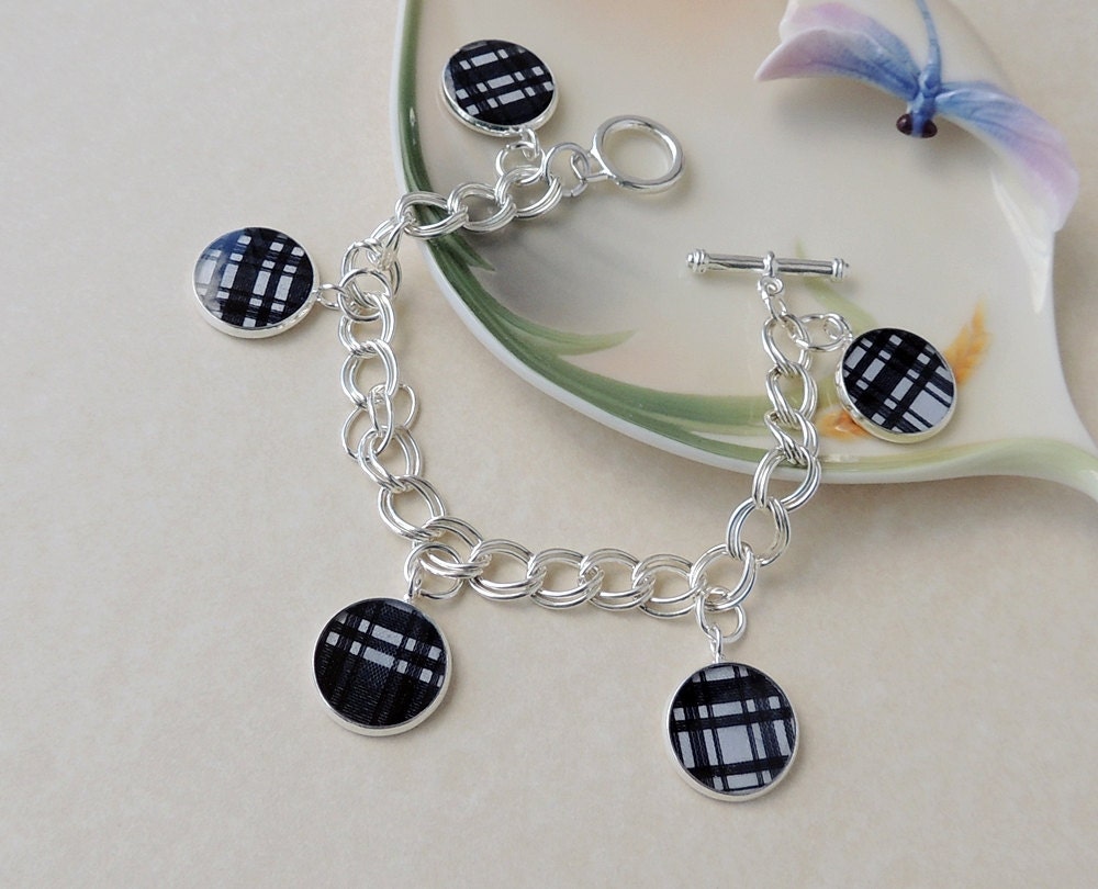 Tartan Charm Bracelet, Black White Check Plaid