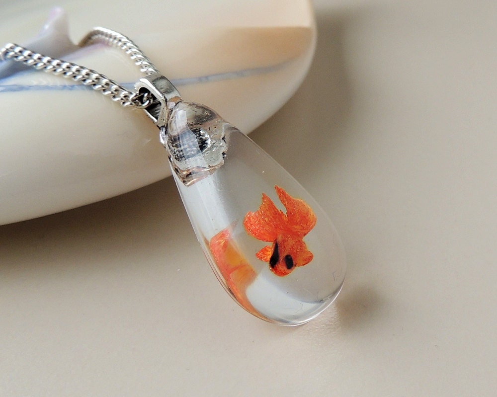 Fish Necklace, Goldfish in Resin Pendant, Resin Jewelry, Fish Jewelry