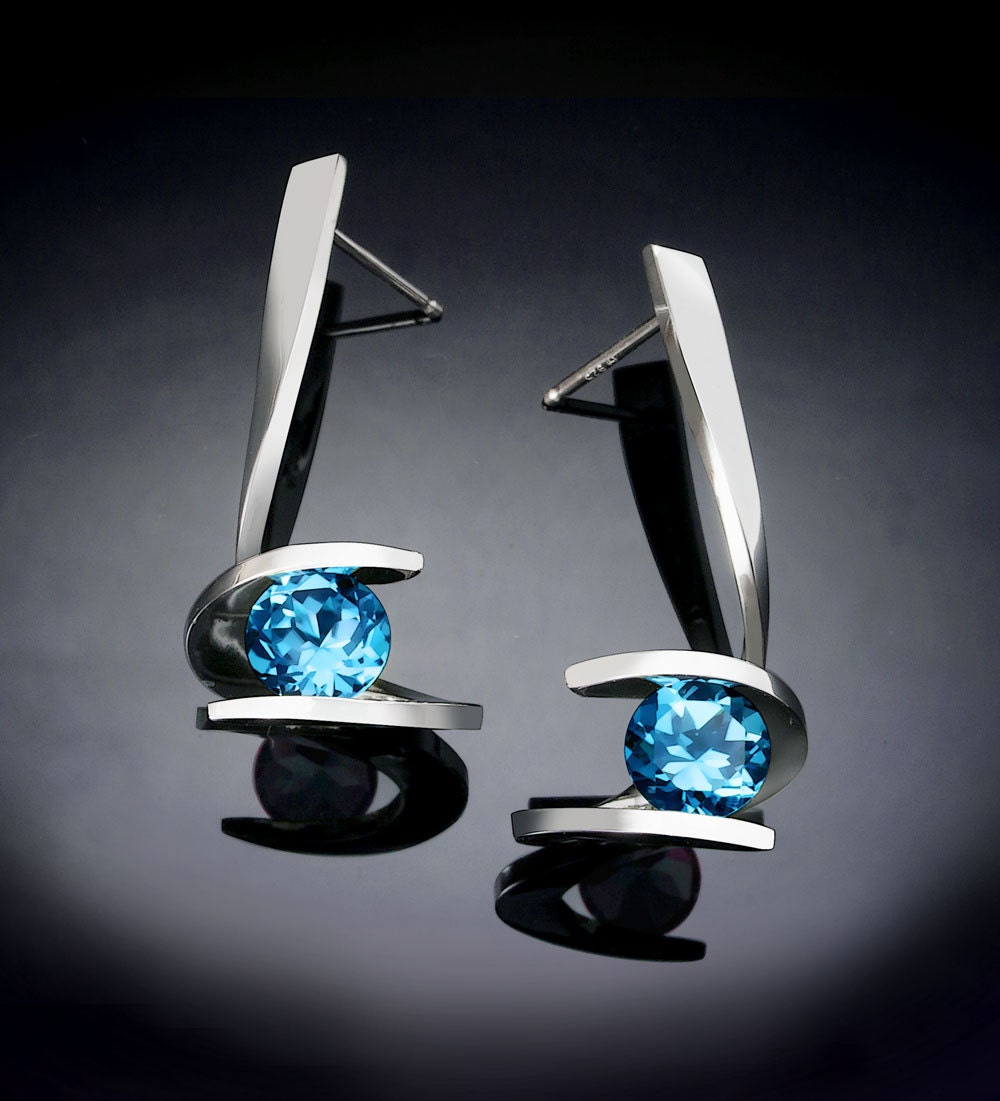 Swiss blue earrings - dangle - contemporary earrings - December birthstone - Argentium silver - posts - 2479