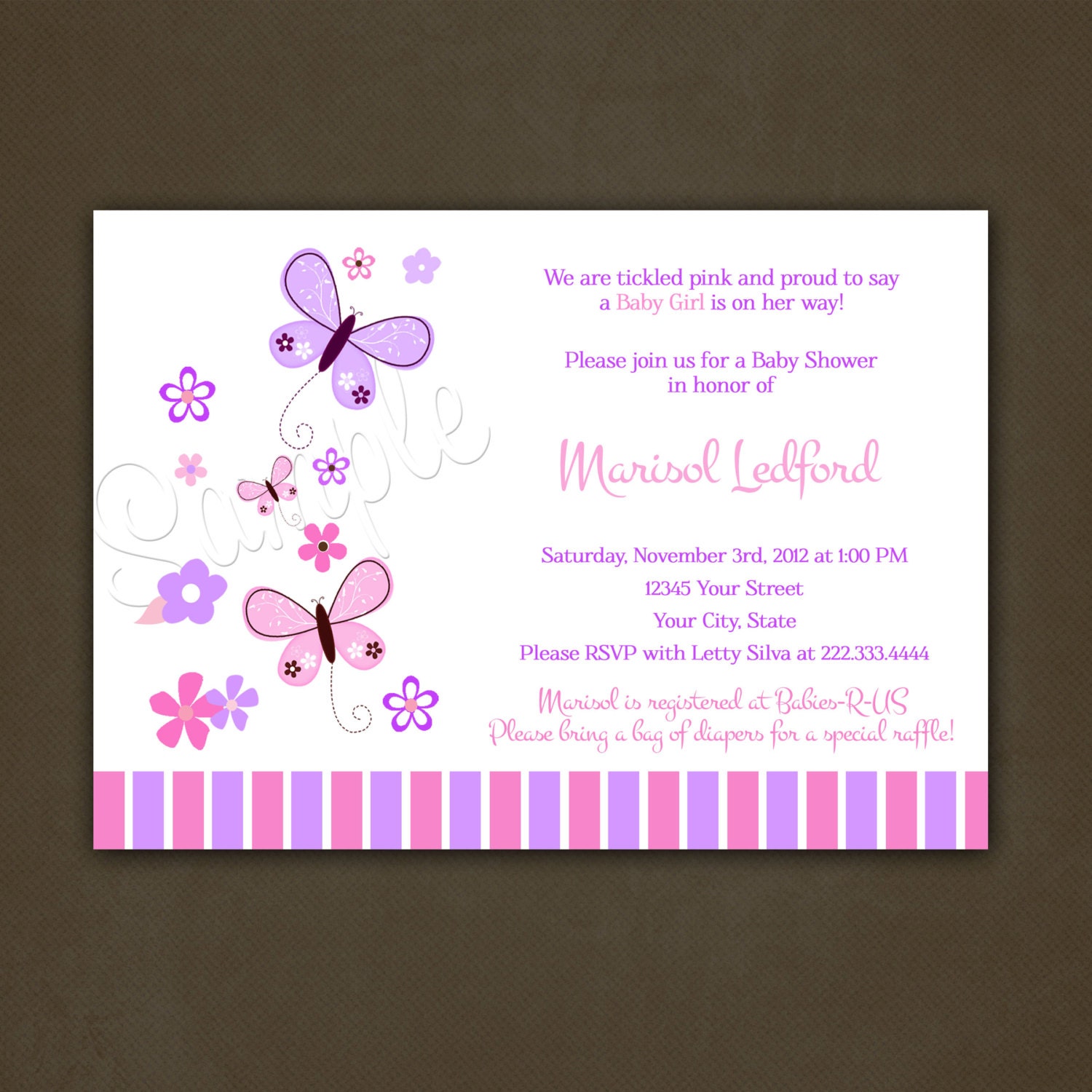 Pink and Purple Butterflies Baby Shower Invitation- for Girl - Printable File