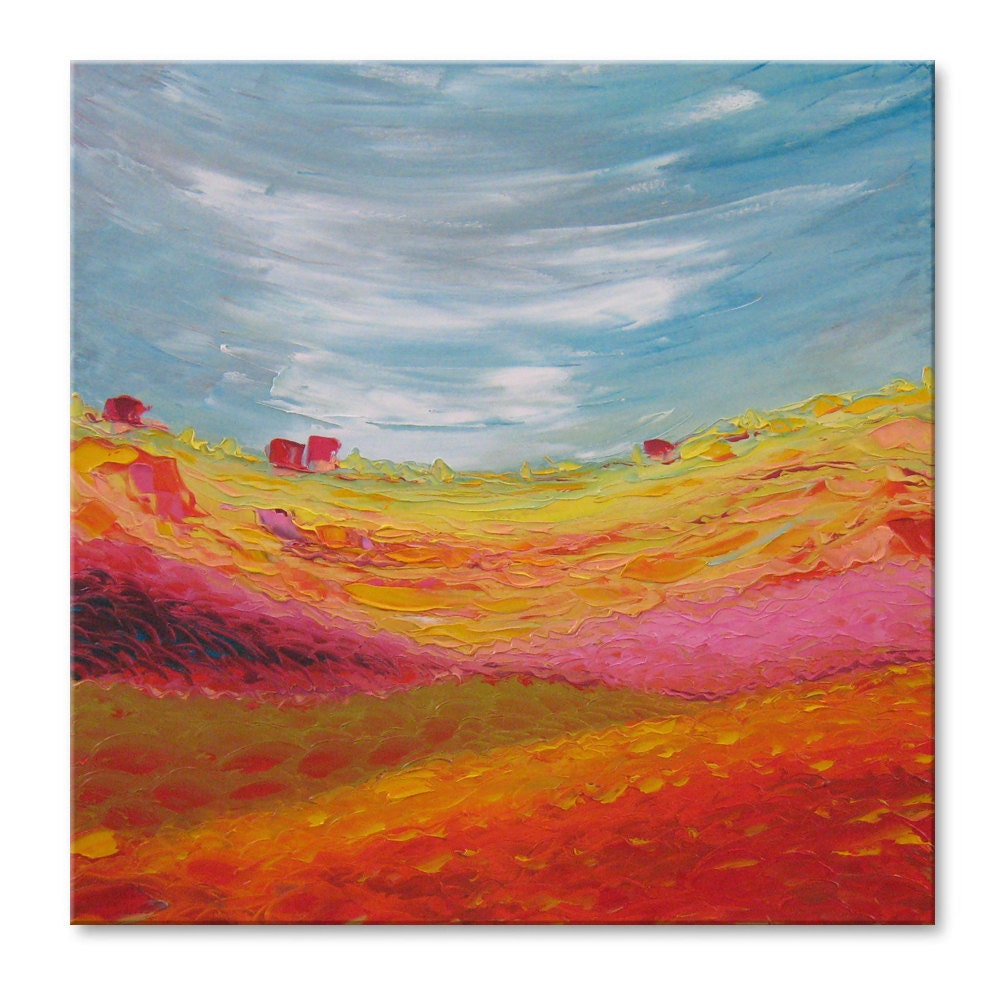 Red meadow FREE SHIPPING Original Oil Painting on Canvas Palette Knife - by SOLOMOON - gallery ready to hang 23x23 impasto