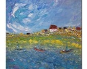 Fisherman's bay  -  FREE SHIPPING - Original Oil Painting - by SOLOMOON - gallery fine art 27,5"x27,5 impasto square