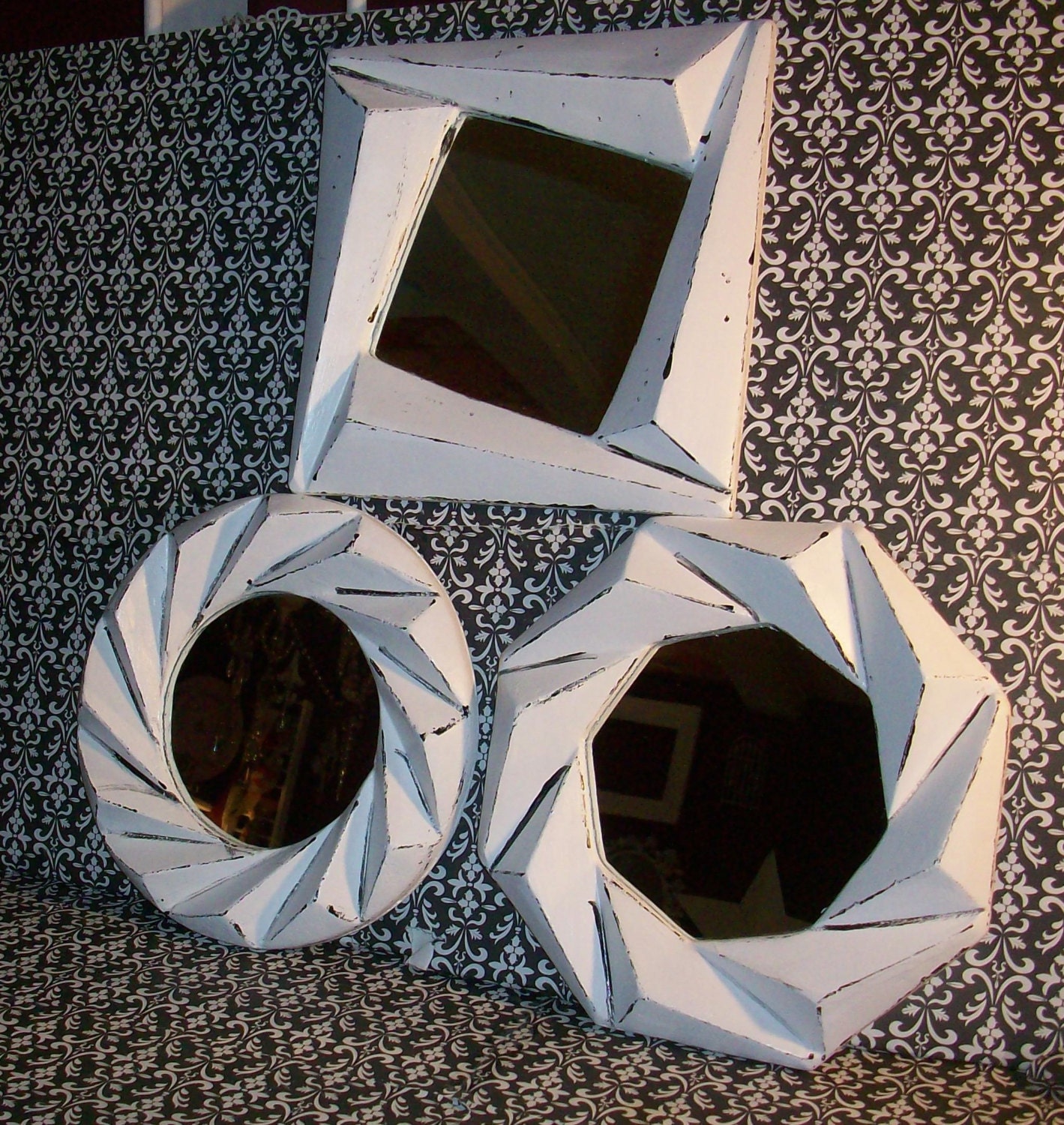3 Odd Shaped Shabby Chic Chippy White Mirrors