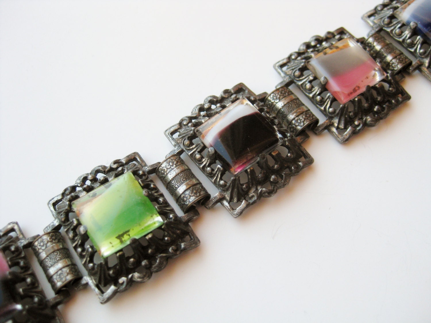 Vintage 50s Foiled Art Glass Panels Silver Filigree Link Chunky Bracelet