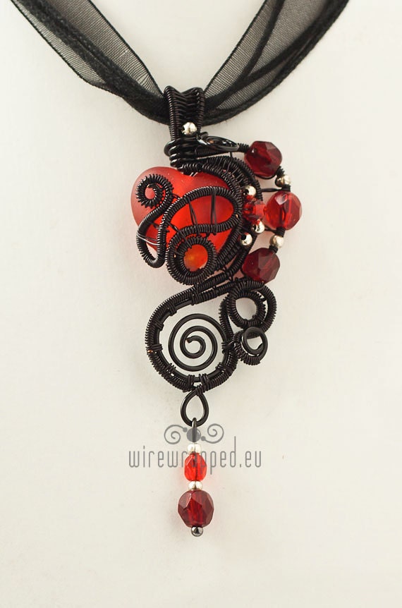 OOAK Red goth wire wrapped heart pendant