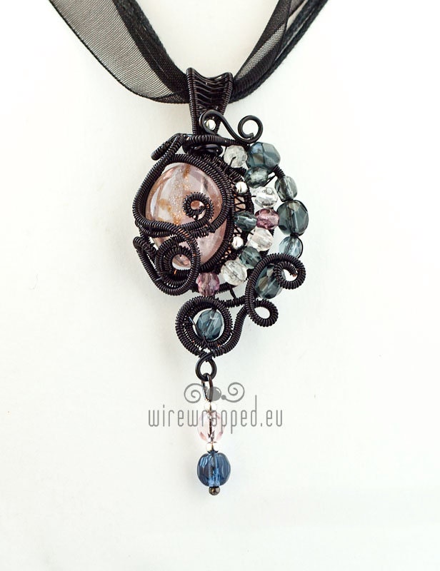 OOAK Vintage goth pink and grey wire wrapped pendant