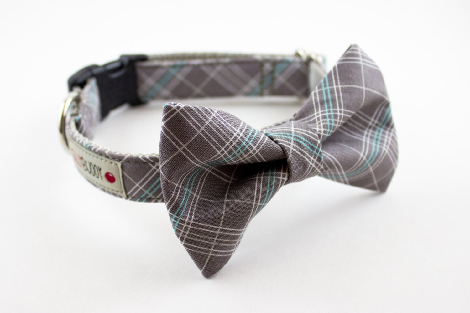 Grey Plaid Dog Bow Tie Collar