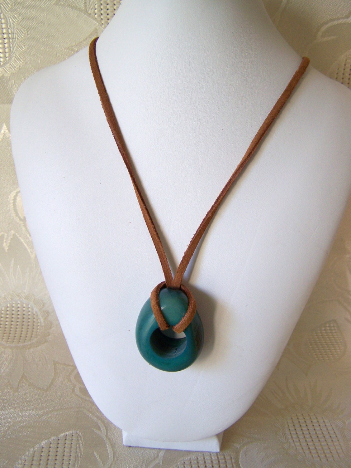 Genuine Teal Dyed Tagua Nut on Brown Suede Cord Vegetable Ivory