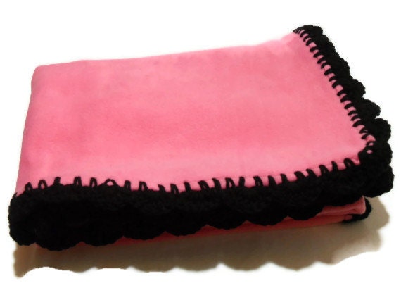 Bubble Gum Pink Fleece Throw Blanket with Black Shell Crochet Edge