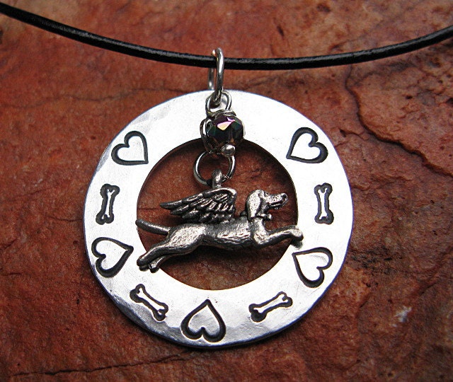 Hand Stamped Flying Angel Dog Necklace Memorial Pendant Charm