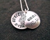 New Baby Mothers Necklace Birth Stats Footprints Flowers Leaves Sterling Silver Open Locket Hand Stamped Mom Jewelry Birth Date Weight Time