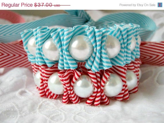 SALE Ribbon Bracelets 2- Chevron Bracelet Package for Layering Pearl Bracelet Bridesmaid Gift in Carribean and Grenadine