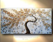 COMMISSION Original 24x48 White Gold Silver Flower Abstract Painting Canvas Handpainted oil Decor Artwork Impasto Textured Modern Art by OTO