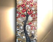 ORIGINAL 40x16 Red Magenta Gold Grey Birch tree Aspen Abstract Art painting Birch tree flower Large Modern Contemporary Painting by OTO