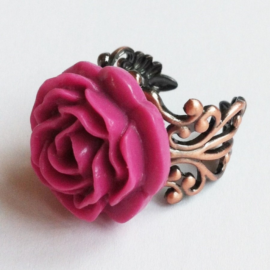 Pink copper flower ring with gift bag filigree detail adjustable band rose cabochon