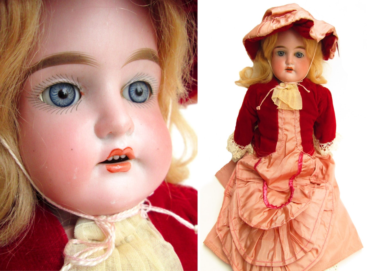 ON RESERVE Antique German Bisque Doll - Cute Angelic 17" COD Cuno Otto Dressel Glass Eyes Blonde Mohair Wig Pink Dress Victorian Girl