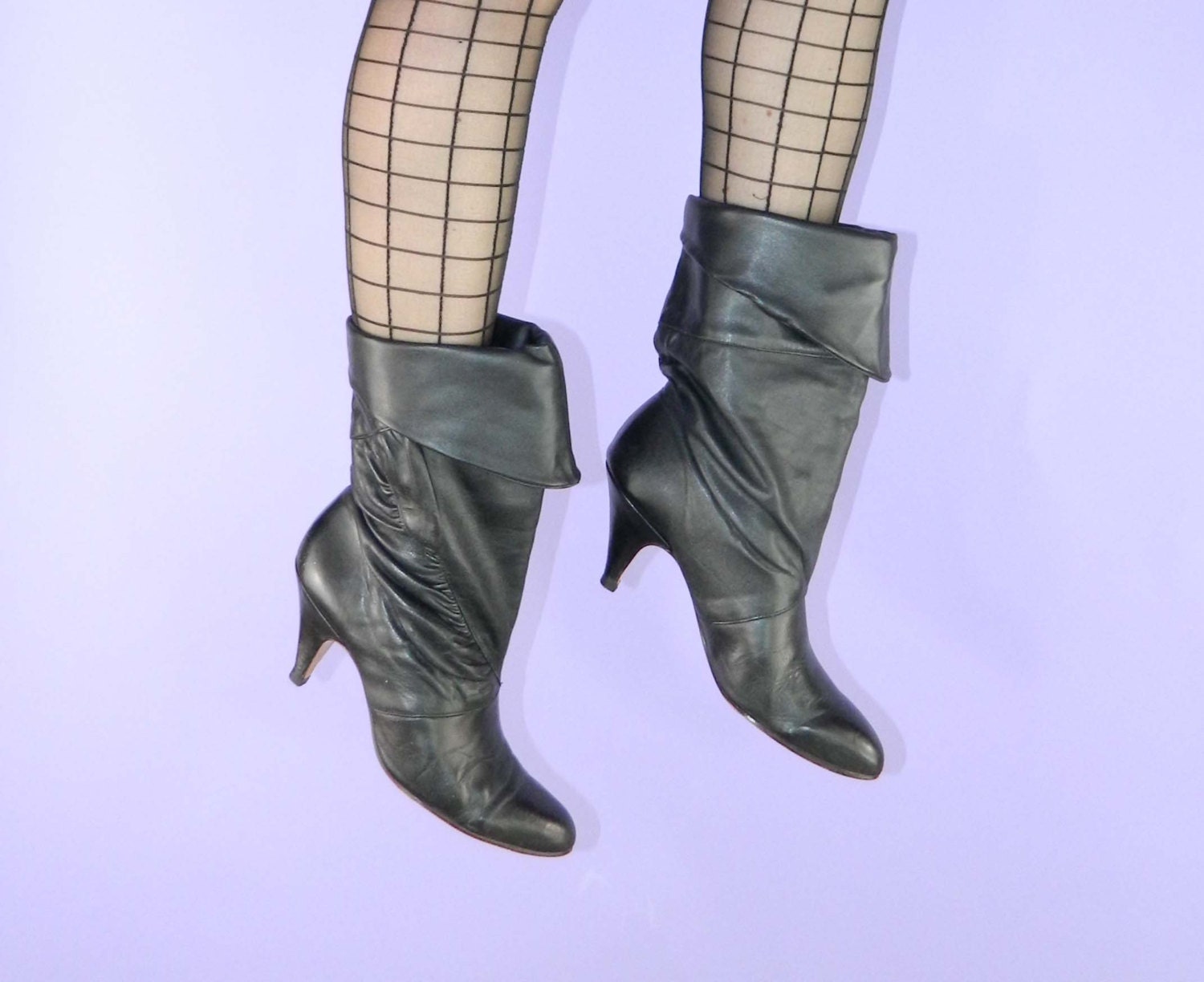 Vintage 1980s Black Leather Boots Heels Asymmetrical Size 8.5