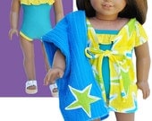 American Girl Swimsuit Set - Ruffled One-Piece Turquoise and Yellow with Coverup & Towel