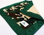 Double Minky Baby Army Lovey / Security Blanket -- Green Camo Print Minky with Hunter Green Satin Trim - NotyBaby