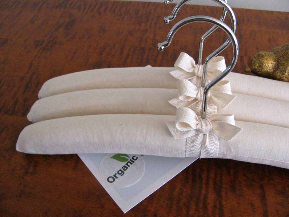 Baby Hangers, Padded Hanger Set for Baby, ORGANIC Cotton Fabric and Natural Organic Ribbon Accent (Set of 3)