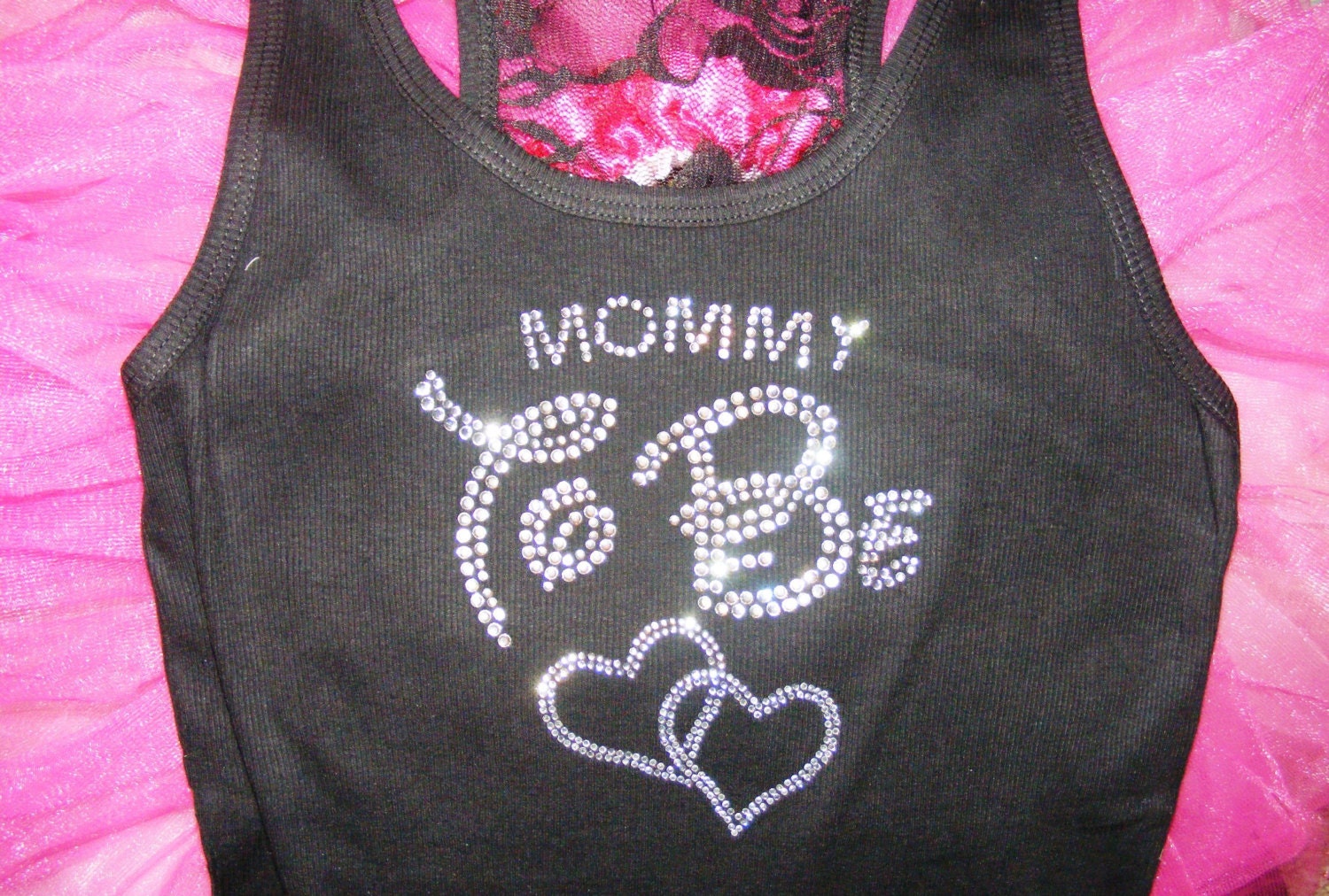 Mommy To Be Maternity Tank Top Shirt: LOVE double heart Crystal Rhinestone, Baby shower gift idea, Boy , Girl, Black, Pink, Blue