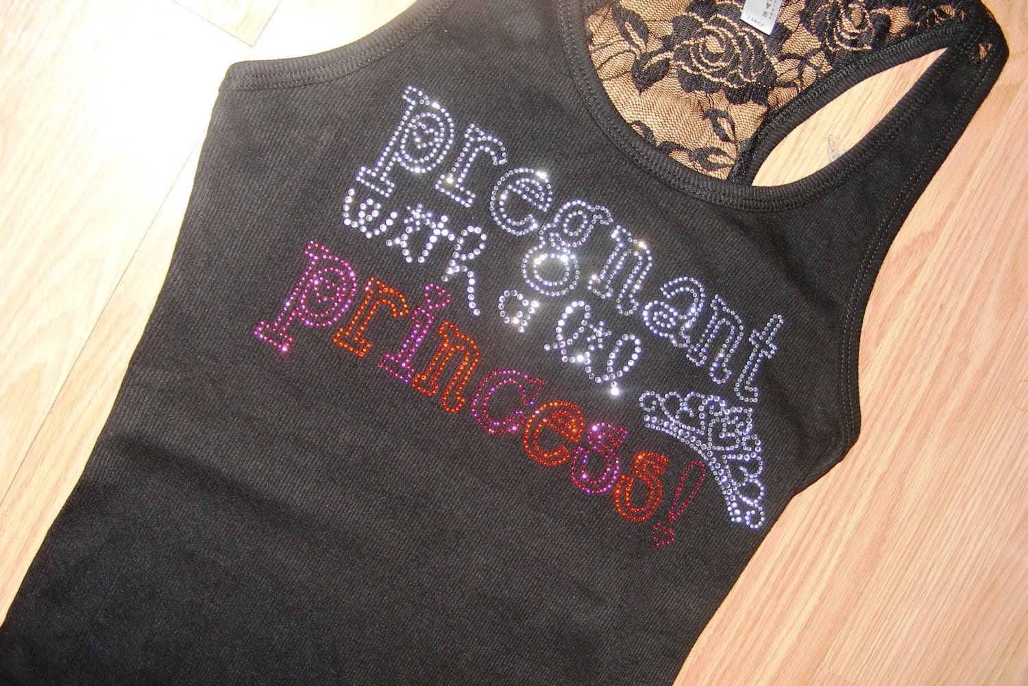 Pregnant With A Princess Maternity Tank Top Shirt: Crystal Rhinestone Bling embroidered Tee T-Shirt, Boy , Girl, Black, Pink, Blue