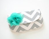 chevron clutch purse with removable fabric flower brooch / spring fashion / bridesmaid / gray white teal / mothers day