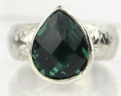 Green Topaz Checker Cut Pear Sterling Silver RIng