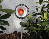 Dish Art Garden Stake BLACK and WHITE SWIRLS with orange flower