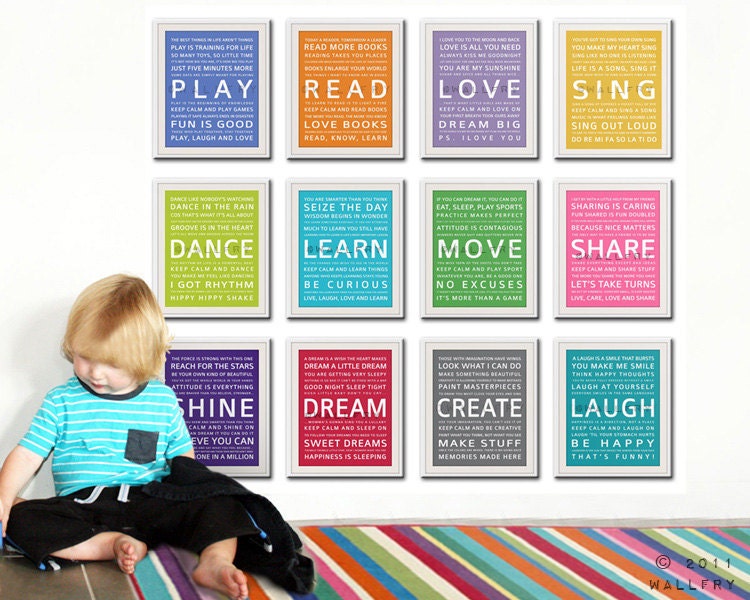 Word art wall art for kids. Playroom prints, playroom wall art for children Inspiration typography. ALL 12 - 8X10 kids art by Wallfry