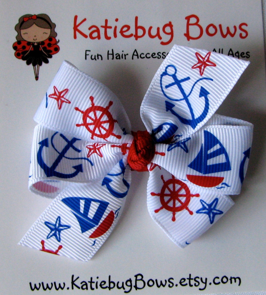 Nautical 4th of July - Red White Blue Hair Bow - Go USA - Sail Boat Anchor Stars