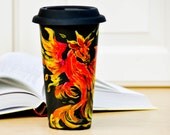 Fire Dragon Travel Mug - Dungeons and Dragons inspired Eco cup - Black Red Yellow Hand Painted Coffee Mug with Lid - Gift for him