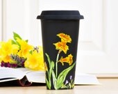Chalkboard  Ceramic Travel Mug - Made to Order - Hand Painted Porcelain Eco Cup - Black Silicon Lid