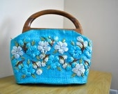 Bright Blue Floral Wicker Purse - From the Phillipines - Blue Vintage Handbag