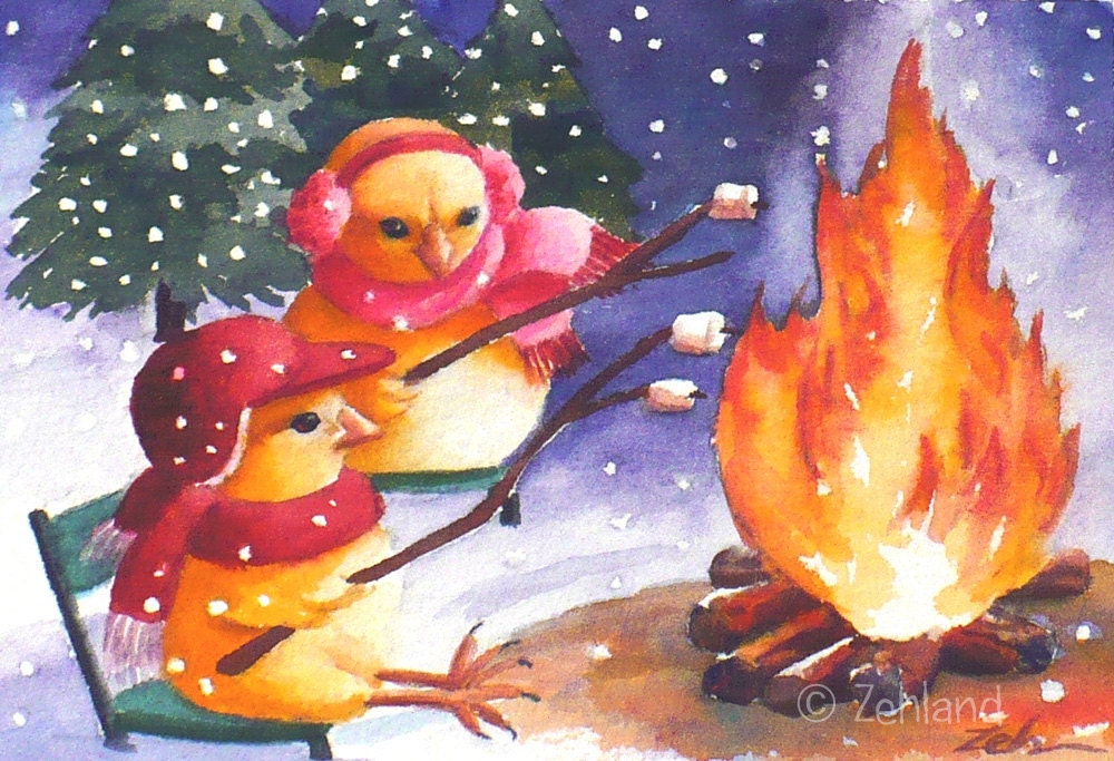 Animal Print  Winter Camping Baby Chicks Ferdinand and Nina Art by Janet Zeh