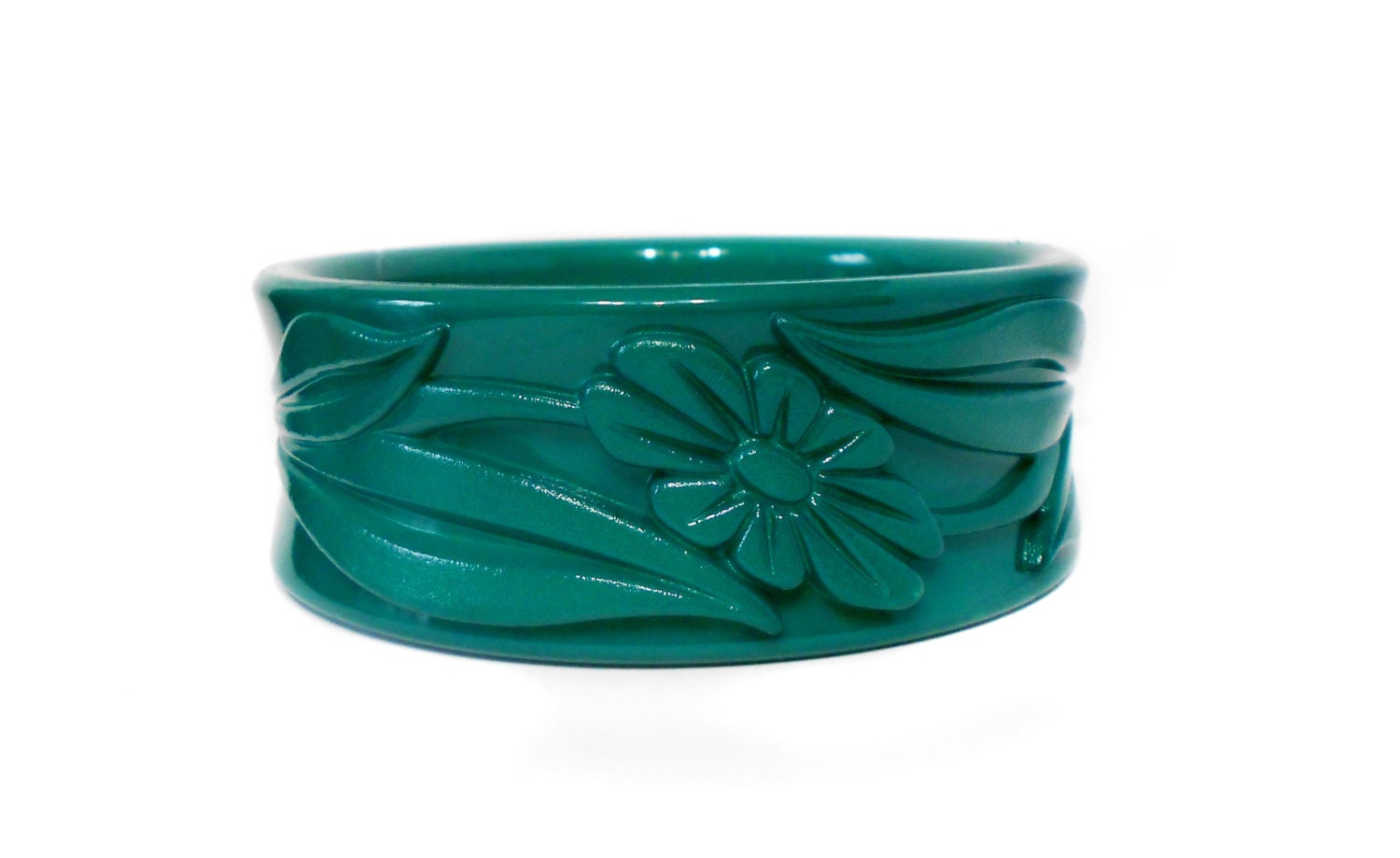 Bright Grass Green Carved Plastic Bracelet 1960s Made in Western Germany Carved with Gerber Daisies - Vintage Jewelry Spring or Summer