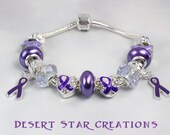 Silver Lupus Epilepsy Bracelet, Purple Ribbon Awareness Bracelet, Silver Euro Style Charm Bracelet, Large Hole Beads