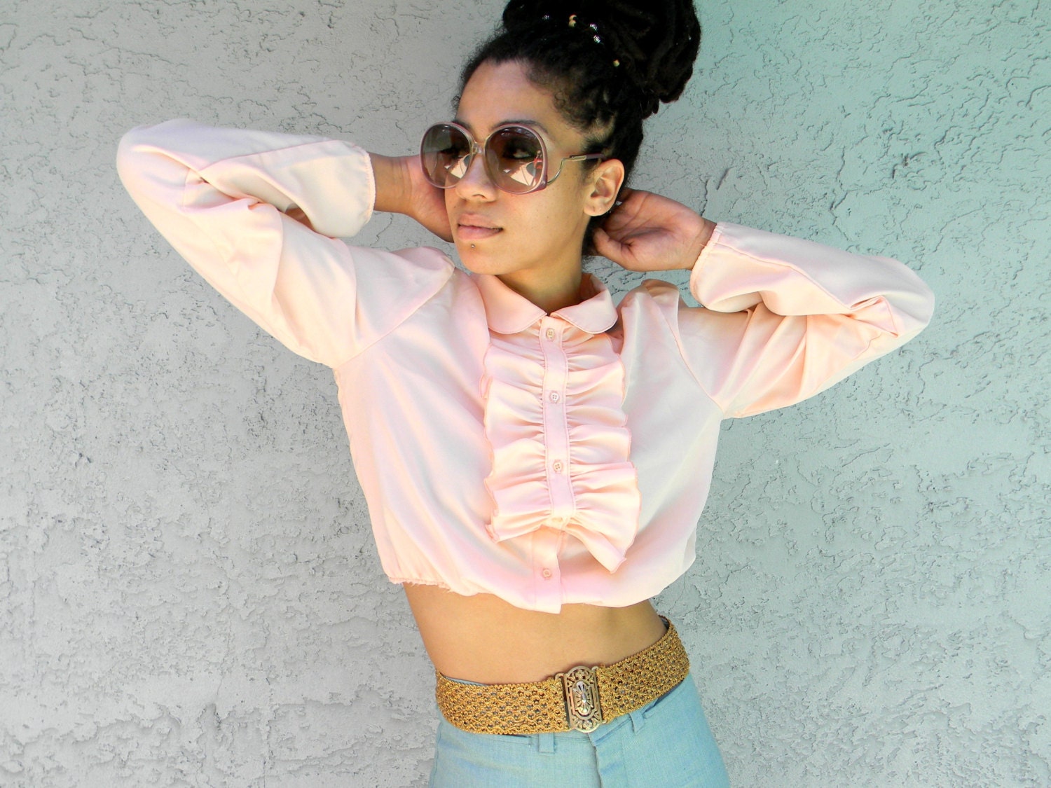 The Disco Princess Blouse - Vintage 70s Girly Peach Boho Crop Top w Poet Sleeves & Detachable Tuxedo Ruffle - Medium/M