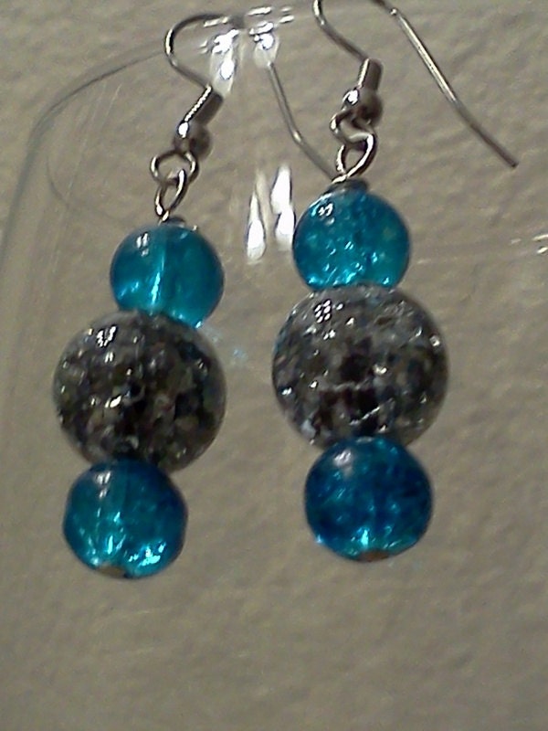 Classy and sassy blue and charcoal gray crackle bead wire wrapped dangle earrings