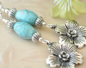 Turquoise, Silver and Flower Charm Earrings