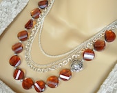 Dark Amber Twisted Crystal Disc Multistrand Silver Chain Necklace and Earring Set
