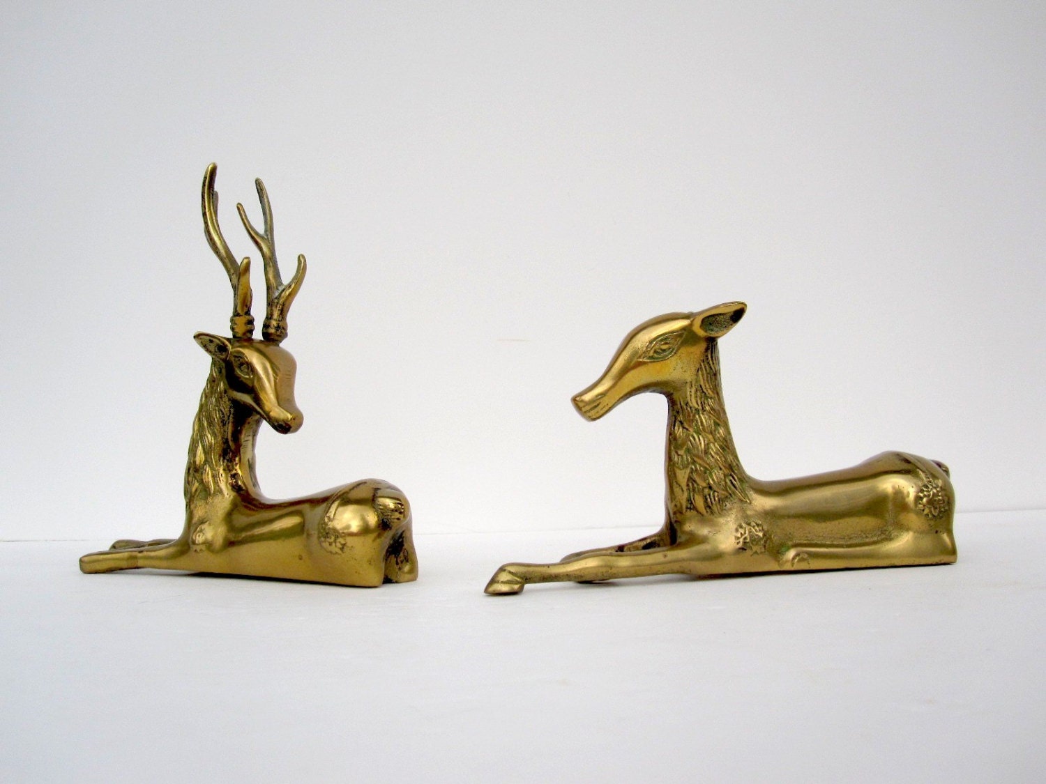Deer Figurines - Mid Century Deer Sculptures - Solid Brass Deer Pair