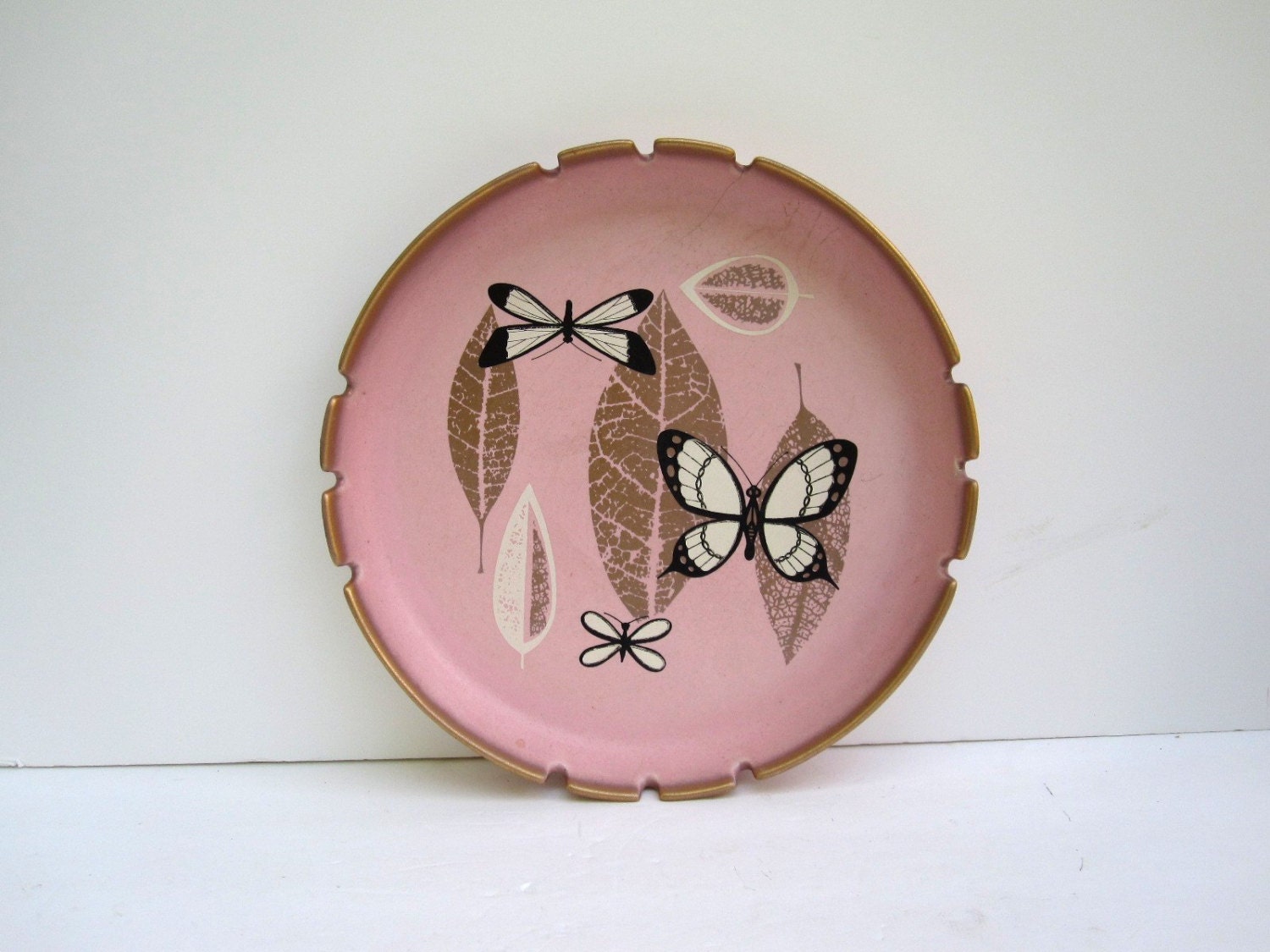 Mid Century Pastel Pink Ashtray Trinket Dish or Bowl - Black and White Butterflies - Extra Large Change Tray