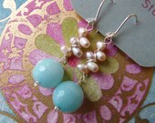 Peachy Blue pearl and jade dangle earrings