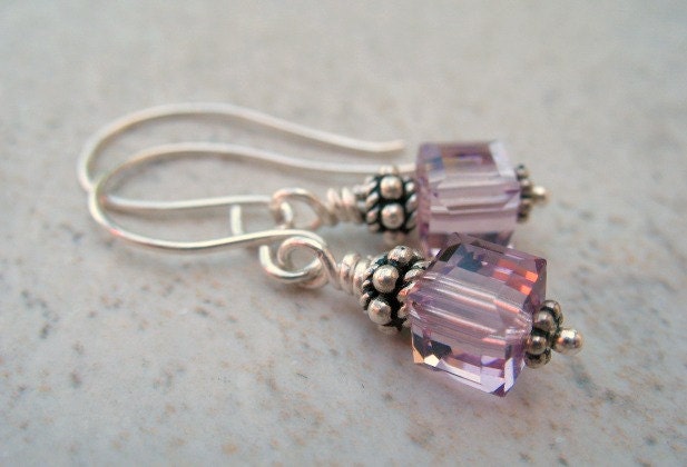 Lilac Earrings Sterling Silver Lavender Swarovski Crystal Pink Beaded Earrings