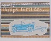 Vintage Car Card, Happy Birthday Old Timer, Male Birthday card, Masculine Card, Cars, Blue Brown, Grey