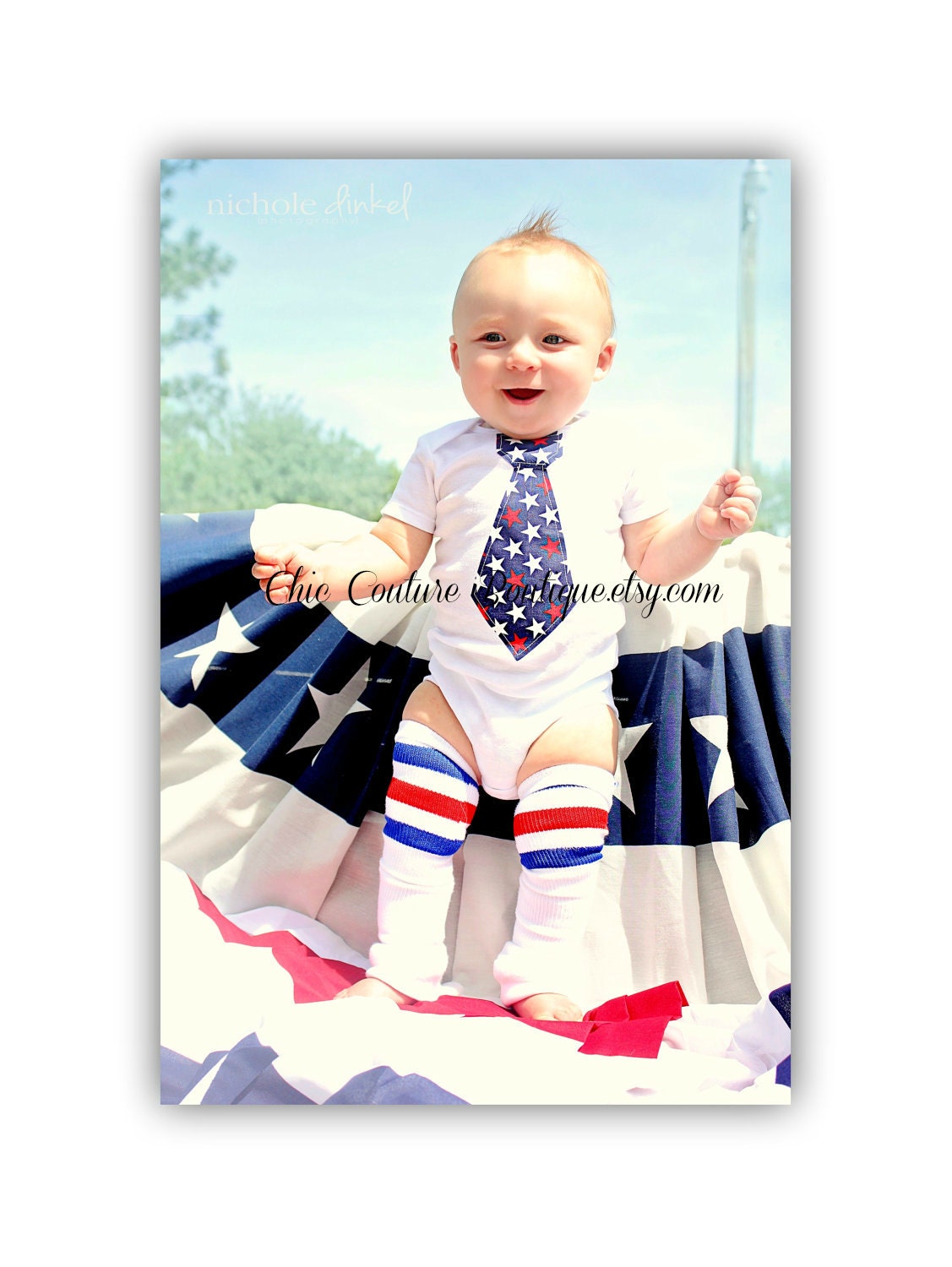 Baby Boy 4th of July, Summer Patriotic, Independence Day 2013 Tie Onesie / Bodysuit.  Stars and Stripes, Fireworks, Red, White and Blue