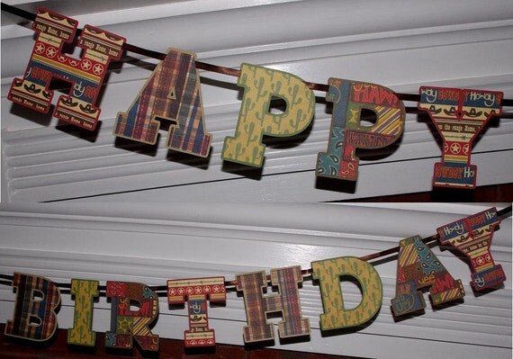 Happy Birthday Letter Banner ... Cowboy Western Theme ... Blue Brown Red Green ... Cactus Plaid Stripes ... adjustable Il_570xn